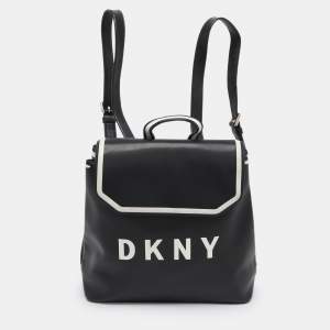 Pre Owned DKNY Black Leather Logo Print Jade Flap Backpack 
