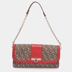 Pre Owned DKNY Beige/Red Canvas and Leather Chain Shoulder Bag