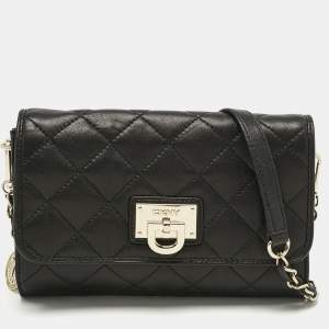 DKNY Black Quilted Leather Flap Chain Crossbody Bag