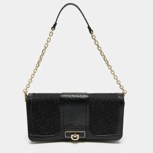 Pre Owned DKNY Black Signature Fabric and Leather Flap Chain Shoulder Bag