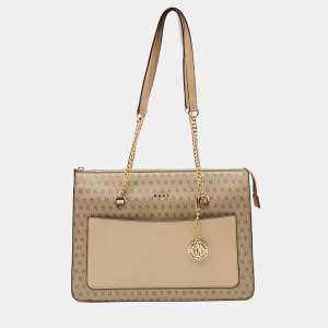 مملوكة مسبقًا DKNY Beige Monogram Coated and Leather Large Bryant Chain Zip Tote