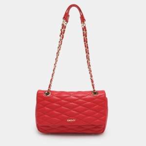 Pre Owned DKNY Red Quilted Leather Flap Chain Crossbody Bag