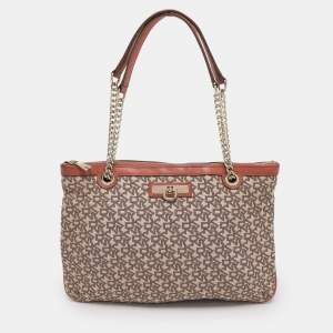 Pre Owned DKNY Brick Red/Beige Signature Coated Canvas And Leather Bryant Chain Shoulder Bag