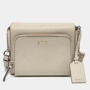 Pre Owned Dkny Light Grey Leather Bryant Park Pocket Crossbody Bag