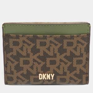 Pre Owned Dkny Brown/Green Monogram Coated Canvas and Leather Logo Card Holder