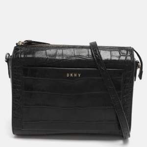 Pre Owned Dkny Black Croc Embossed Leather Crossbody Bags