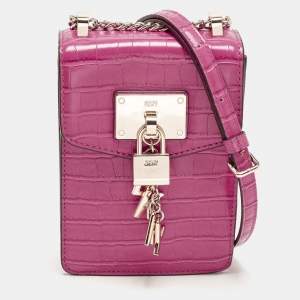 Pre Owned DKNY Elissa Fuchsia Croc Embossed PVC Crossbody Bag