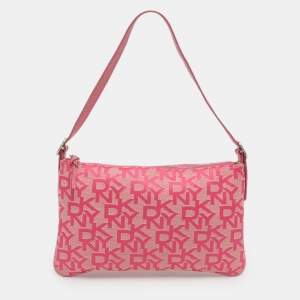 Pre Owned Dkny Pink Signature Canvas and Lizard Embossed Leather Shoulder Bag