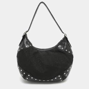 Pre Owned Dkny Black Canvas and Leather Studded Hobo