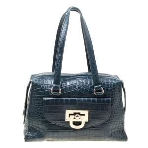 Pre Owned DKNY Blue Croc Embossed Leather Bowler Bag