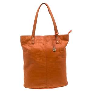 Pre Owned DKNY Orange Croc Embossed Leather Top Zip Tote
