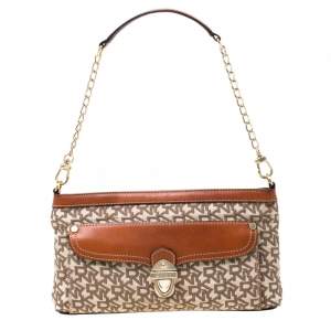Pre Owned DKNY Beige/Copper Signature Canvas and Leather Shoulder Bag