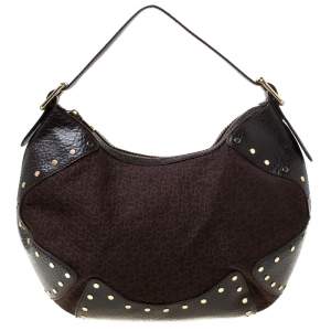 Pre Owned DKNY Brown Signature Fabric and Leather Studded Hobo