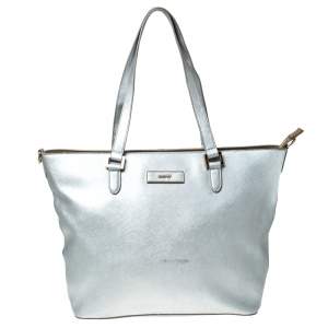 Pre Owned DKNY Silver Leather Zip Tote