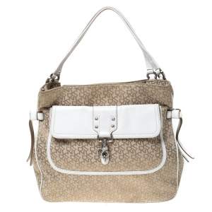 Pre Owned DKNY Beige/White Signature Canvas and Leather Front Pocket Hobo