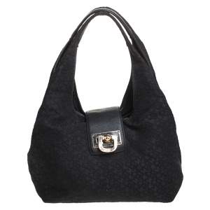 Pre Owned DKNY Black Monogram Fabric Zip Hobo