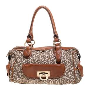 Pre Owned DKNY Beige/Tan Signature Canvas and Leather Satchel