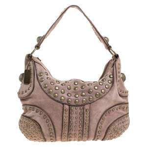 Pre Owned Dkny Light Brown Nubuck Leather Studded Hobo