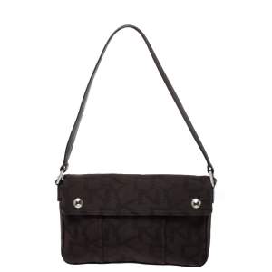 Pre Owned DKNY Dark Brown Signature Canvas and Leather Shoulder Bag