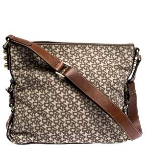 Pre Owned DKNY Beige/Tan Monogram Canvas and Leather Shoulder Bag