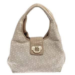Pre Owned Dkny Beige/Off White Signature Fabric and Croc Embossed Leather Flap Hobo