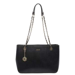 Pre Owned Dkny Black Leather Chain Handle Tote