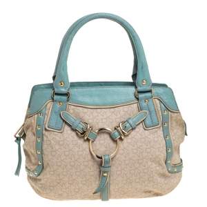 DKNY Beige/Blue Monogram Canvas and Leather Satchel