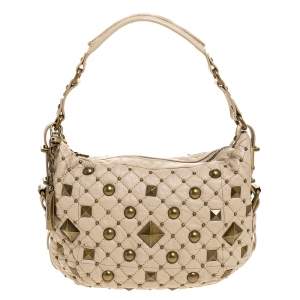 Dkny Beige Quilted Leather Studded Hobo