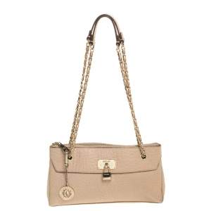 Pre Owned DKNY Nude Beige Leather Lock Chain Shoulder Bag