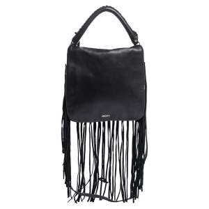 Pre Owned DKNY Black Leather Fringe Flap Top Handle Bag