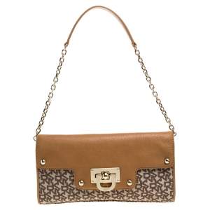 Pre Owned Dkny Beige/Tan Signature Canvas and Leather Shoulder Bag