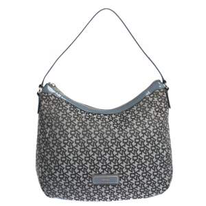 Pre Owned Dkny Grey Signature Canvas and Patent Leather Hobo