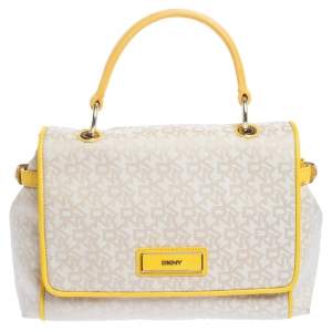 Pre Owned DKNY Beige/Yellow Signature Canvas and Leather Flap Top Handle Bag