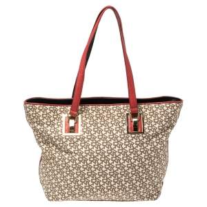 مملوكة مسبقًا Dkny Beige/Red Signature Canvas and Leather Zip Tote