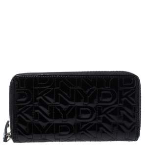 Pre Owned Dkny Black Patent Leather Zip Around Continental Wallet