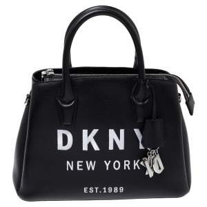 Pre Owned Dkny Black Embroidered Logo Leather Hutton Satchel