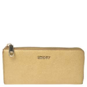 Dkny Metallic Beige Leather Zip Around Wallet