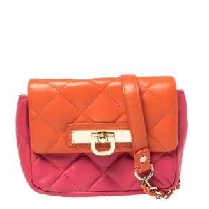 Pre Owned حقيبة كروس دي كي إن واي جلد برتقالي/وردي مبطن صغيرة