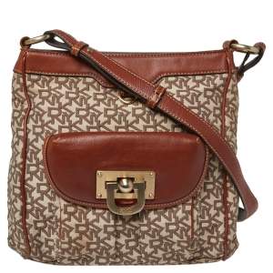 DKNY Brown Signature Canvas and Leather Trim Messenger Bag