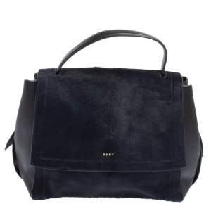 Pre Owned DKNY Blue/Black Calf Hair and Leather Greenwich Top Handle Bag