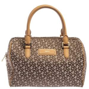Pre Owned DKNY Beige/Tan Signature Canvas and Leather Boston Bag