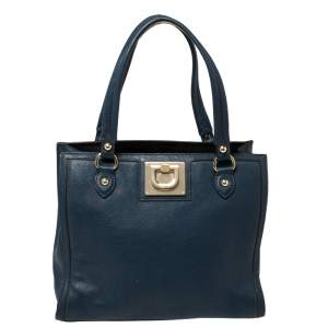 Pre Owned DKNY Navy Blue Leather Middle Zip Tote