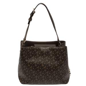 Pre Owned Dkny Brown/Beige Signature Coated Canvas Bryant Bucket Bag