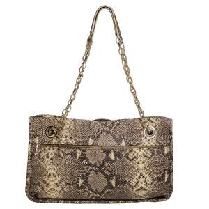 DKNY Beige/Black Snakeskin Embossed Leather  Chain Shoulder Bag