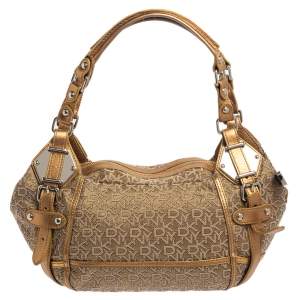 Pre Owned DKNY Gold/Beige Signature Fabric and Leather Satchel