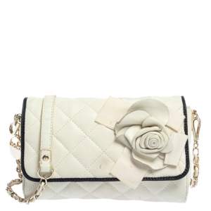 Dkny Off White Quilted Leather Floral Applique Flap Chain Bag
