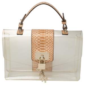 Pre Owned DKNY Beige PVC and Python Embossed Leather Elissa Clear Top Handle Bag