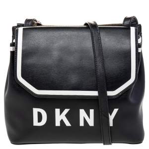 DKNY Black/White Leather Logo Embellished Shoulder Bag