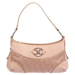 Pre Owned Dkny Pink Signature Canvas and Lizard Embossed Leather Hobo