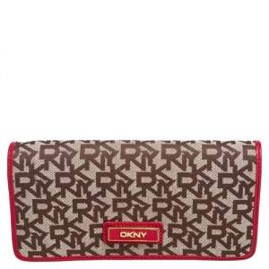 DKNY Beige/Red Signature Canvas and Leather Continental Wallet